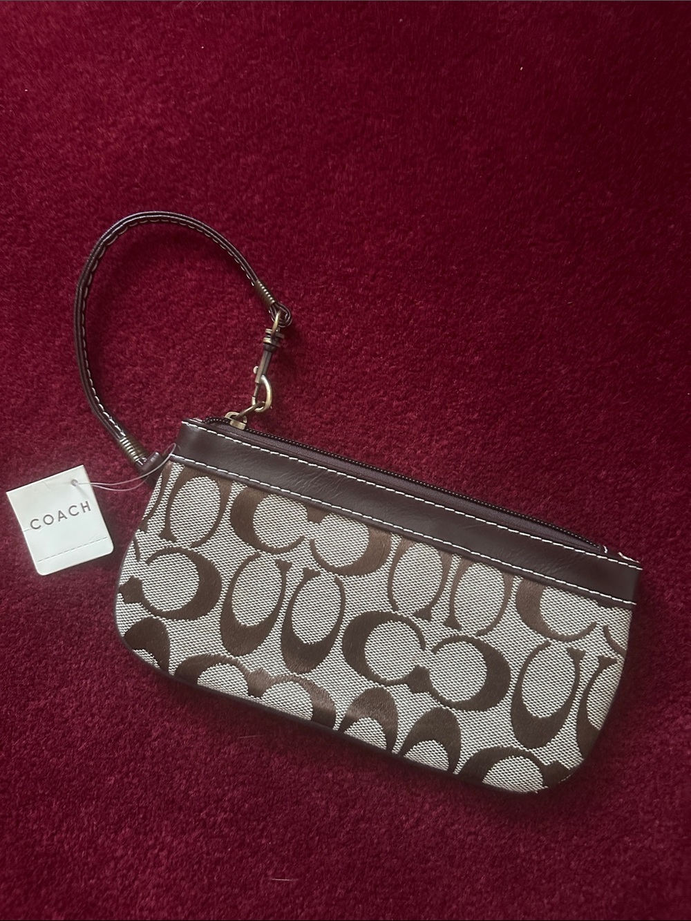 Coach Brown Signature Canvas Wristlet with Leather Trim